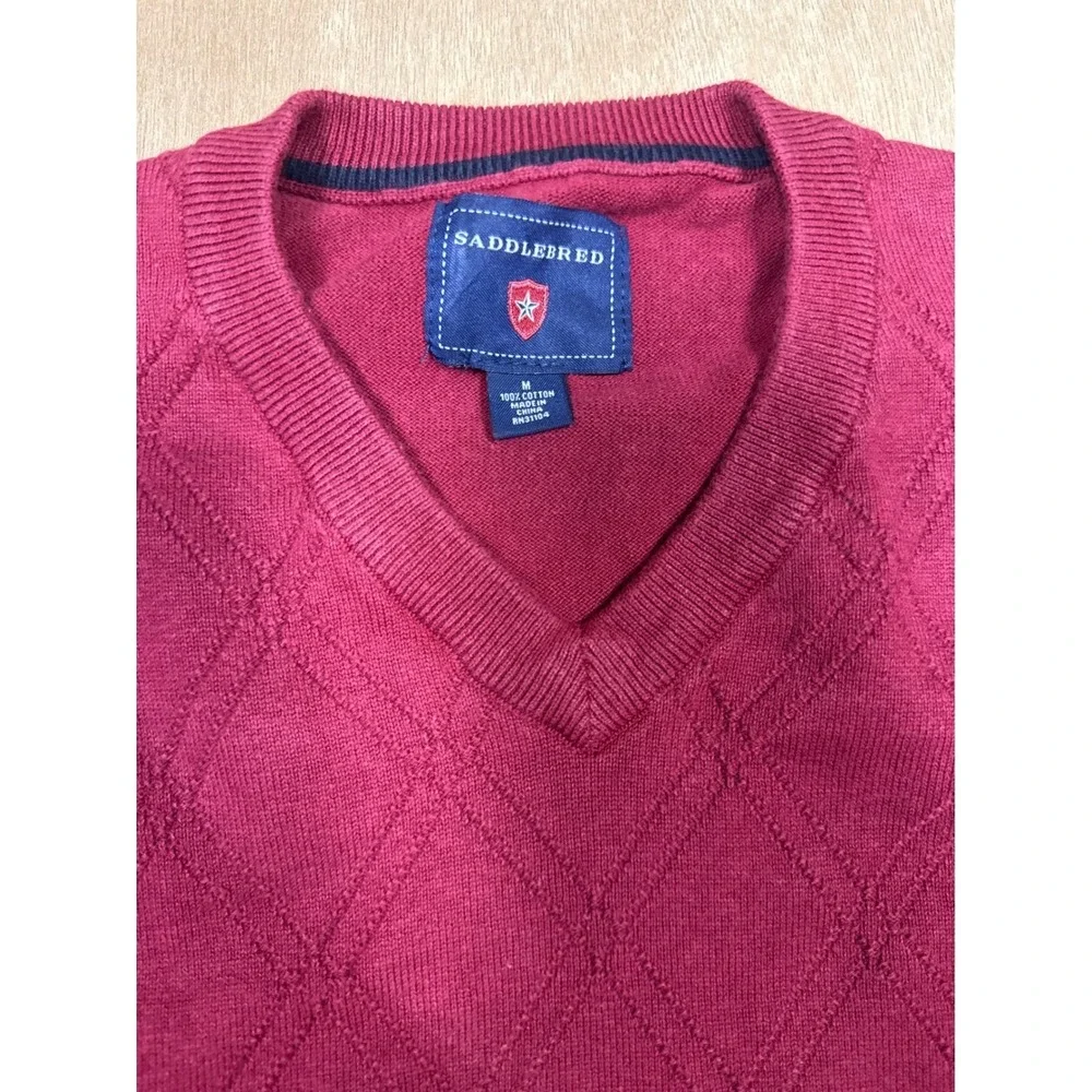 Saddlebred Mens V Neck Argyle Sweater Burgundy Size Medium 100 Cotton